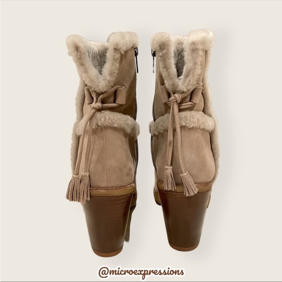 $479 Frye Jen Shearling Fur Beige/Tan Short Real Suede Heeled Zip Up AnkleBootie - Picture 11 of 16